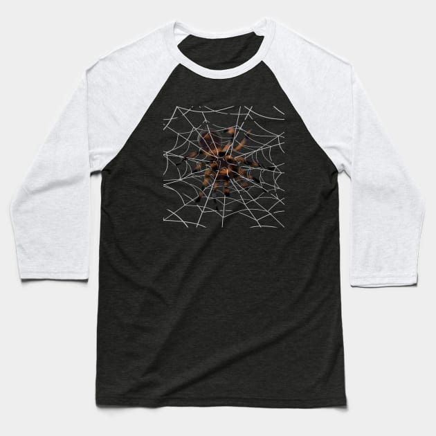 Giant Halloween Spider in Spiderwebs (Gray Background) Baseball T-Shirt by Art By LM Designs 